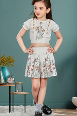 Cream Floral Printed Crop Top And Skirt Set For Girls