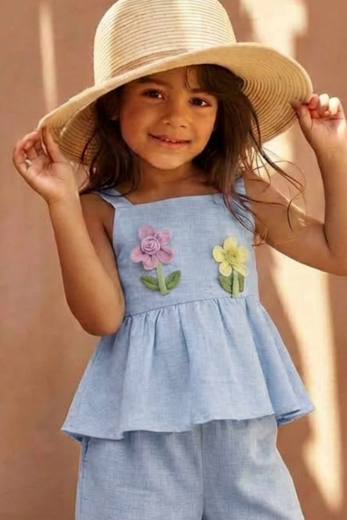 Blue Floral Appliqué And Palazzo Set For Girls