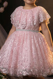 Girls Pink Sequinned Net Party Wear Frock with Floral Embellishments