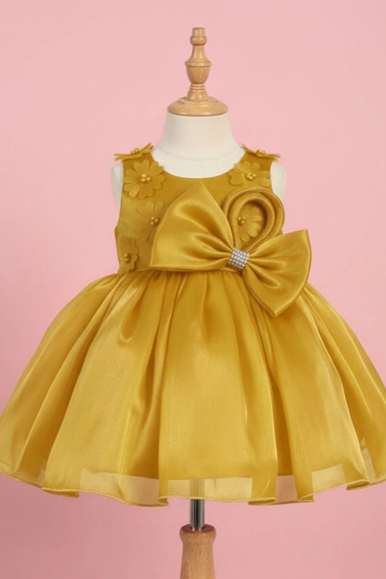 Golden Yellow Party Frock with Statement Bow and 3D Floral Appliqué For Girls