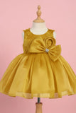 Golden Yellow Party Frock with Statement Bow and 3D Floral Appliqué For Girls