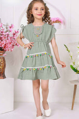 Green Pom-Pom Cotton Frock with Embroidered Yoke For Girls