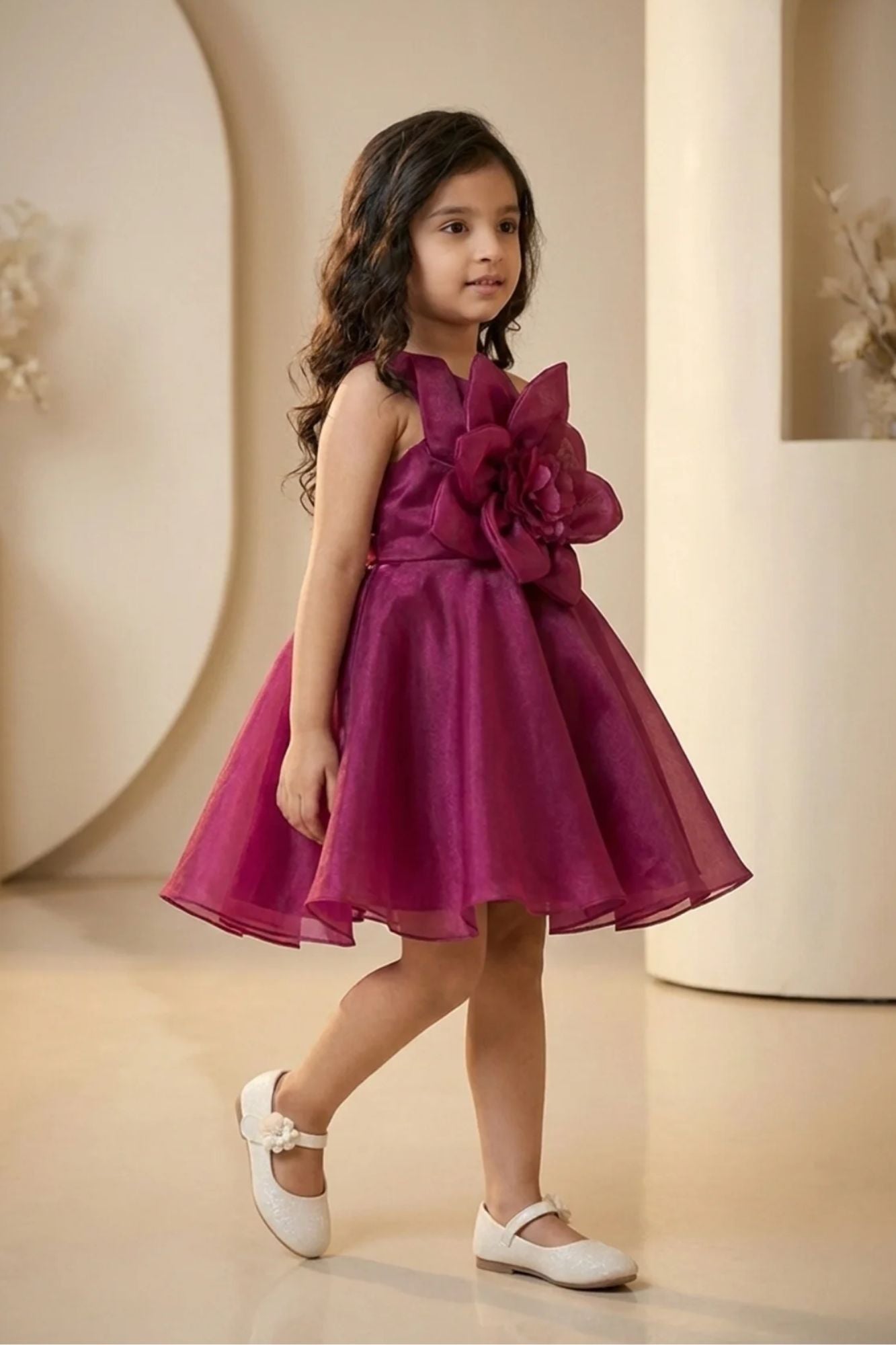 Wine Organza Frock With Floral Embellished For Girls