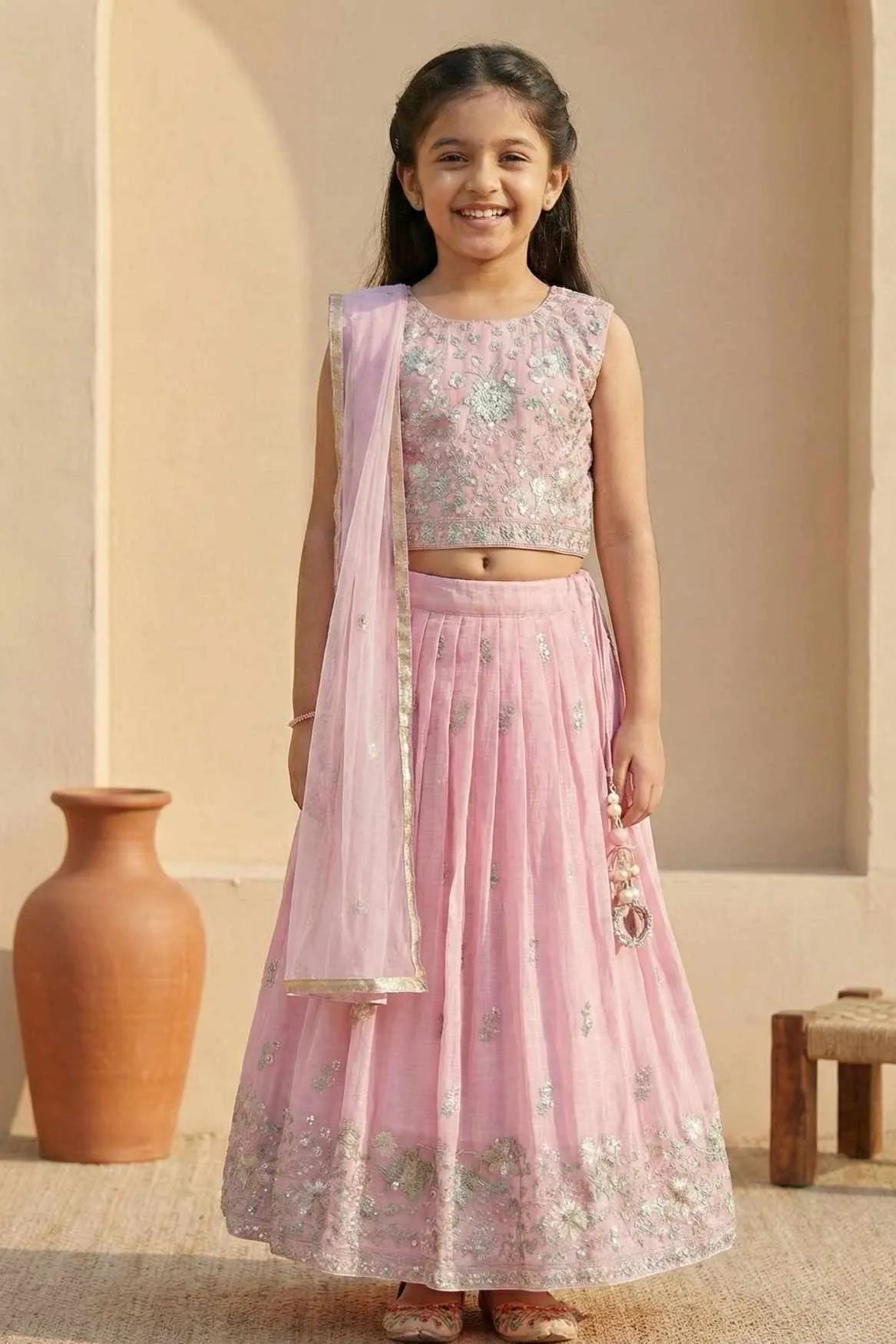 Pink Floral Embroidered Lehenga Choli with Dupatta For Girls