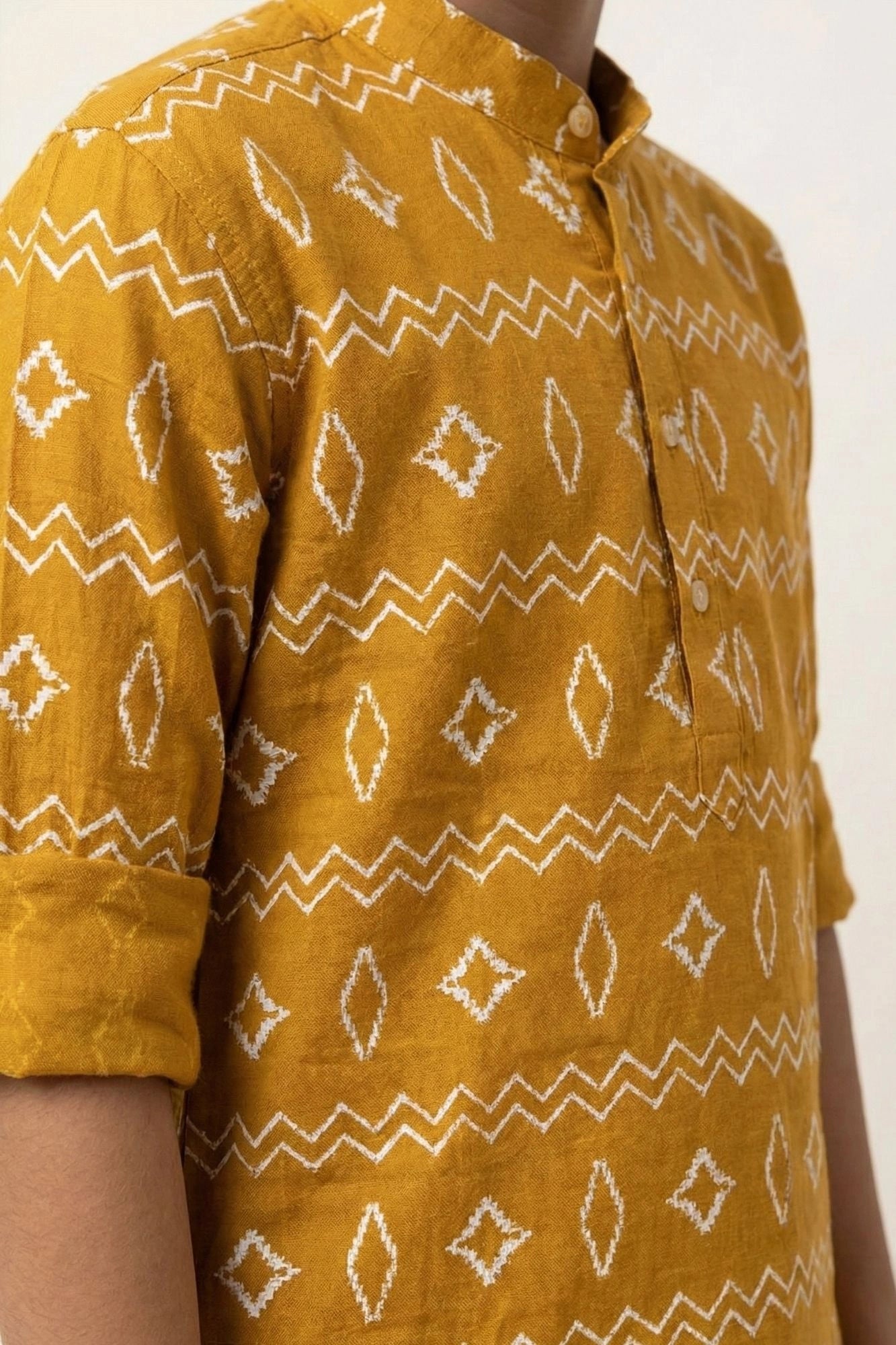Mustard Printed Shirt with Mandarin Collar for Boys