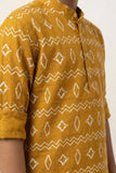 Mustard Printed Shirt with Mandarin Collar for Boys