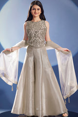 Girls Silver Embroidered Palazzo Set with Sheer Dupatta