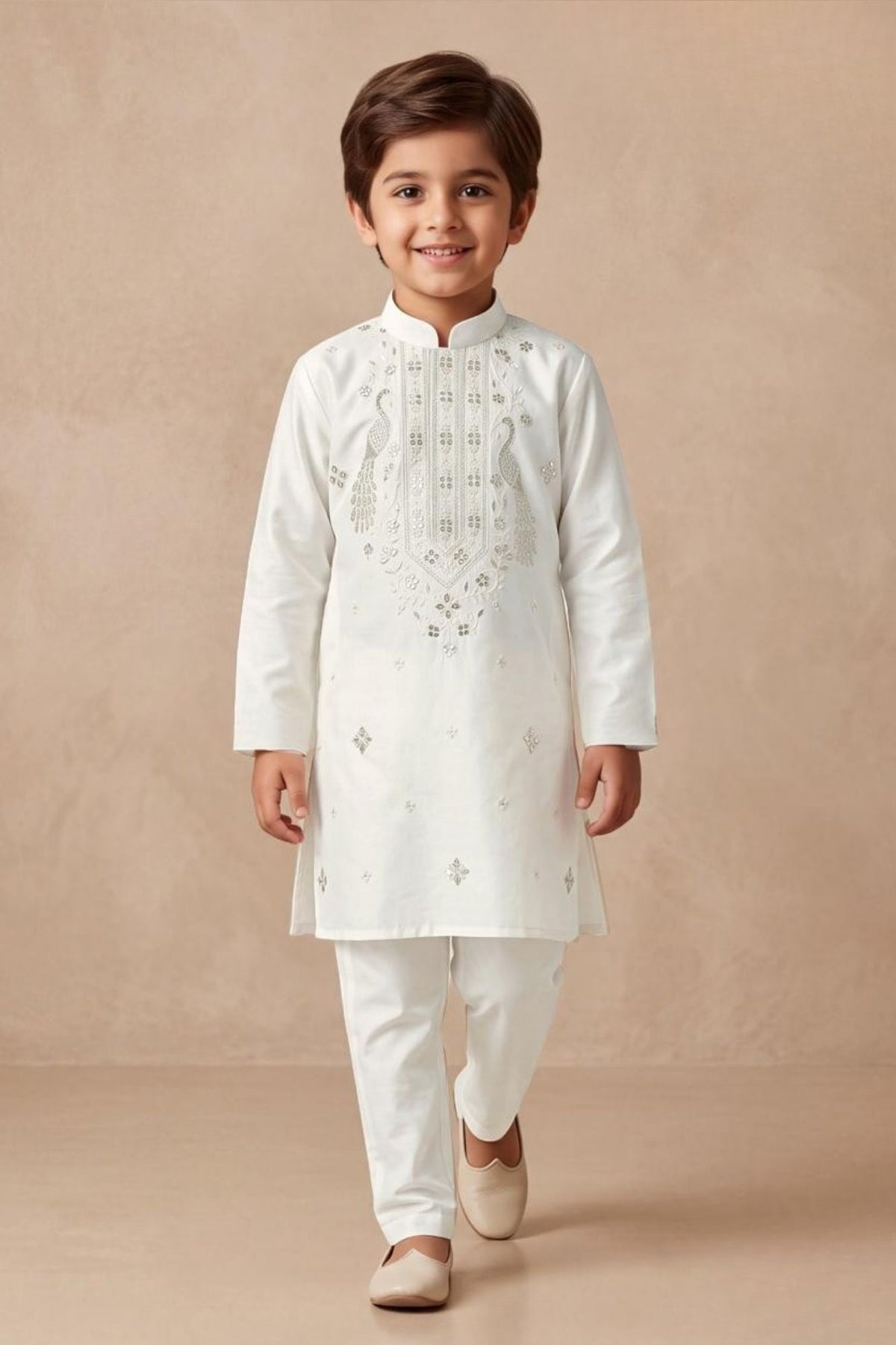 Boys Elegant White Peacock Embroidered Kurta Set
