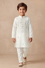 Boys Elegant White Peacock Embroidered Kurta Set