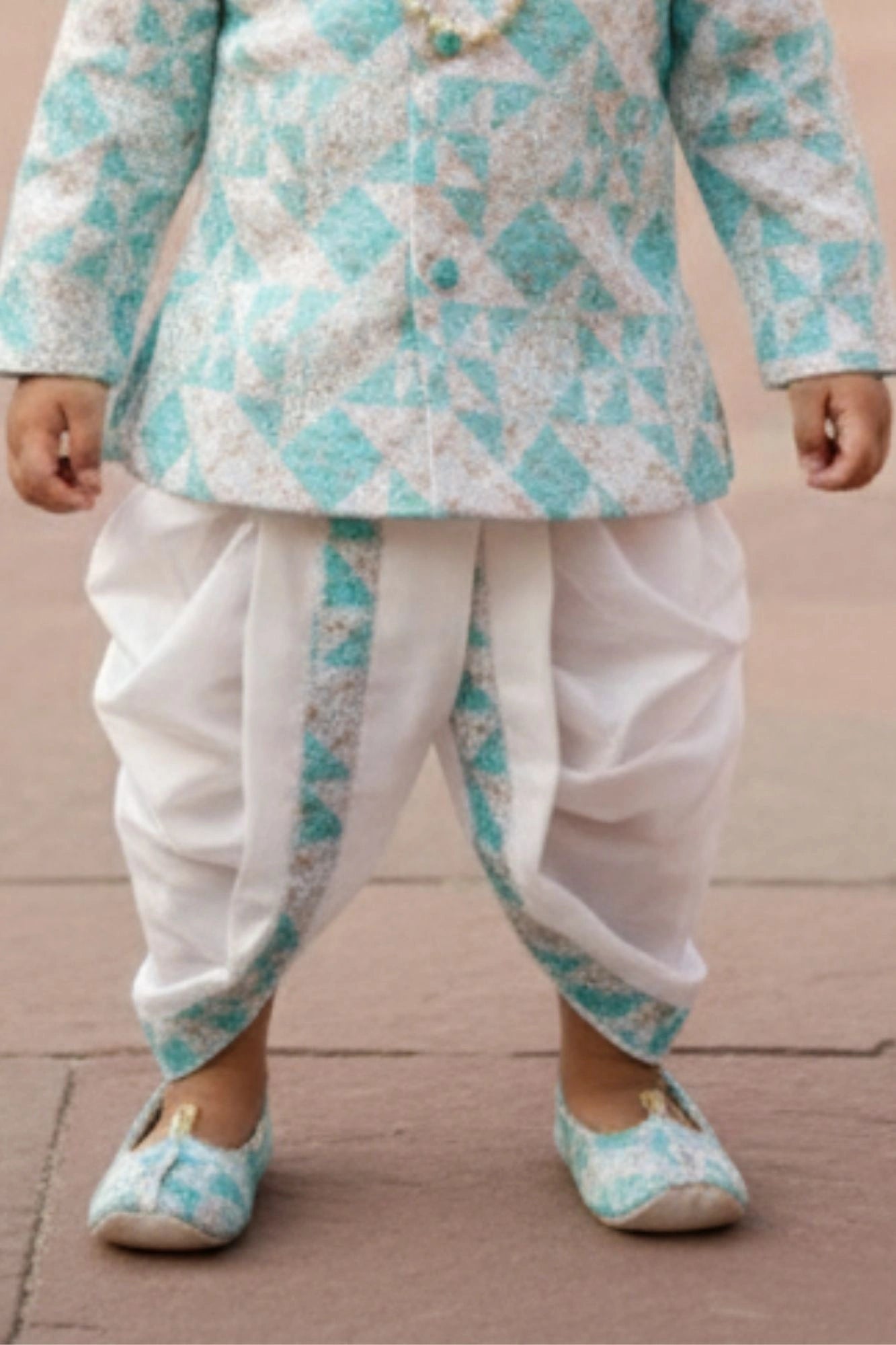Aqua Blue Geometric Printed Kurta And Dhoti  Set for Boys