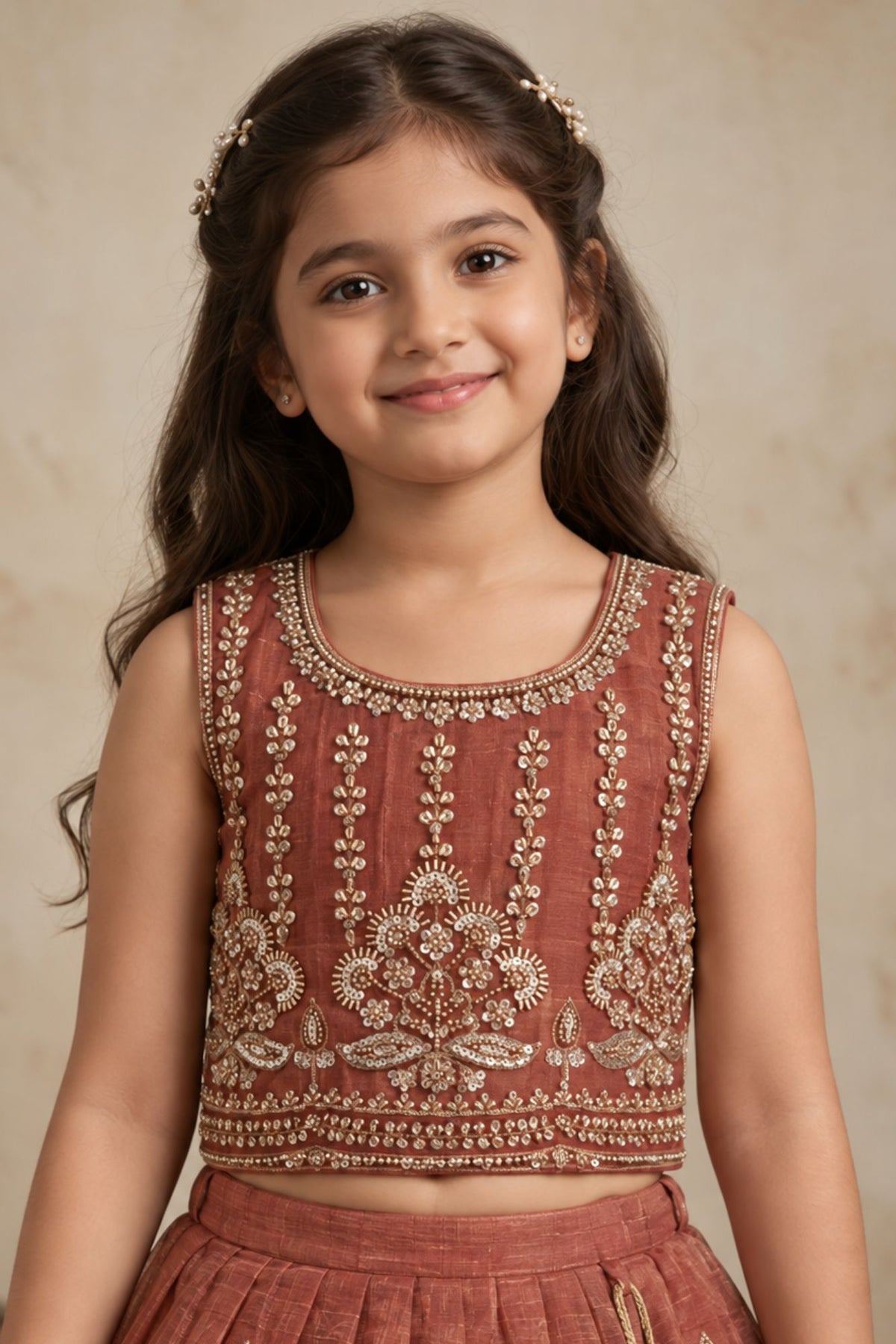 Girls Rust Orange Sleeveless Embroidered Lehenga Choli Set