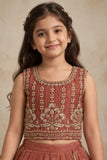 Girls Rust Orange Sleeveless Embroidered Lehenga Choli Set