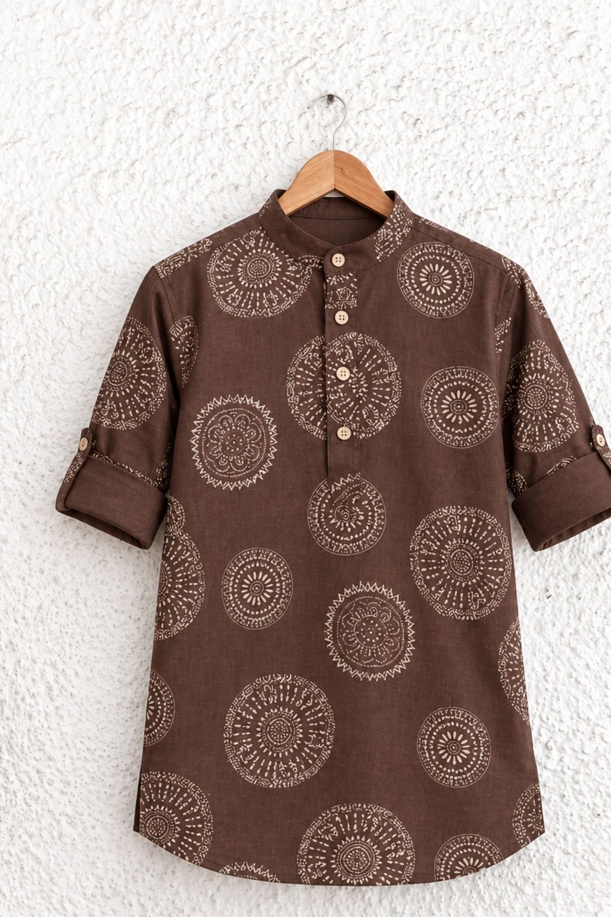 Brown Circular Print Shirt with Mandarin Collar for Boys