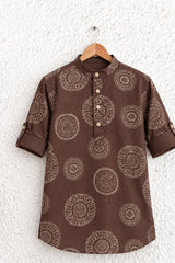 Brown Circular Print Shirt with Mandarin Collar for Boys