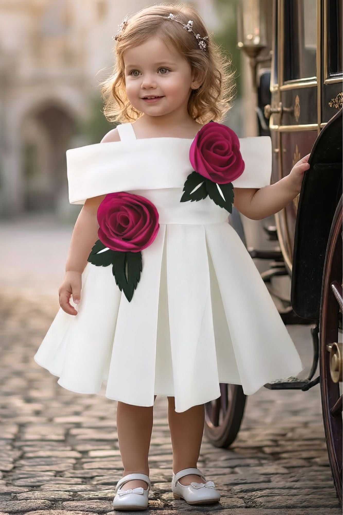 Girls White Party Wear Dress with 3D Rose Applique