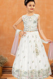White Floral Embroidered Lehenga Choli with Dupatta For Girls