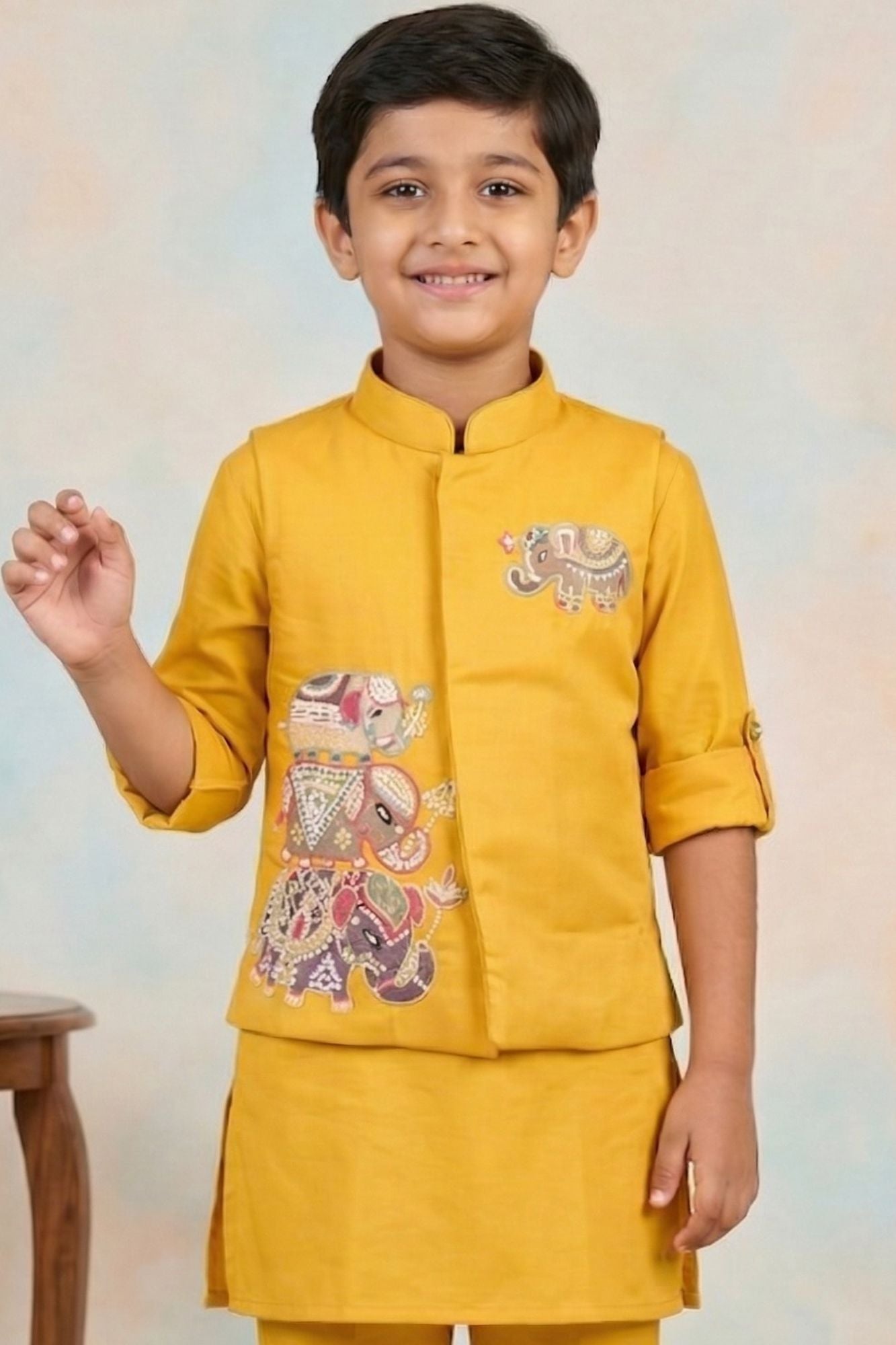 Boys Mustard Yellow Kurta Set with Elephant Embroidered Nehru Jacket