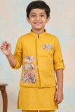 Boys Mustard Yellow Kurta Set with Elephant Embroidered Nehru Jacket