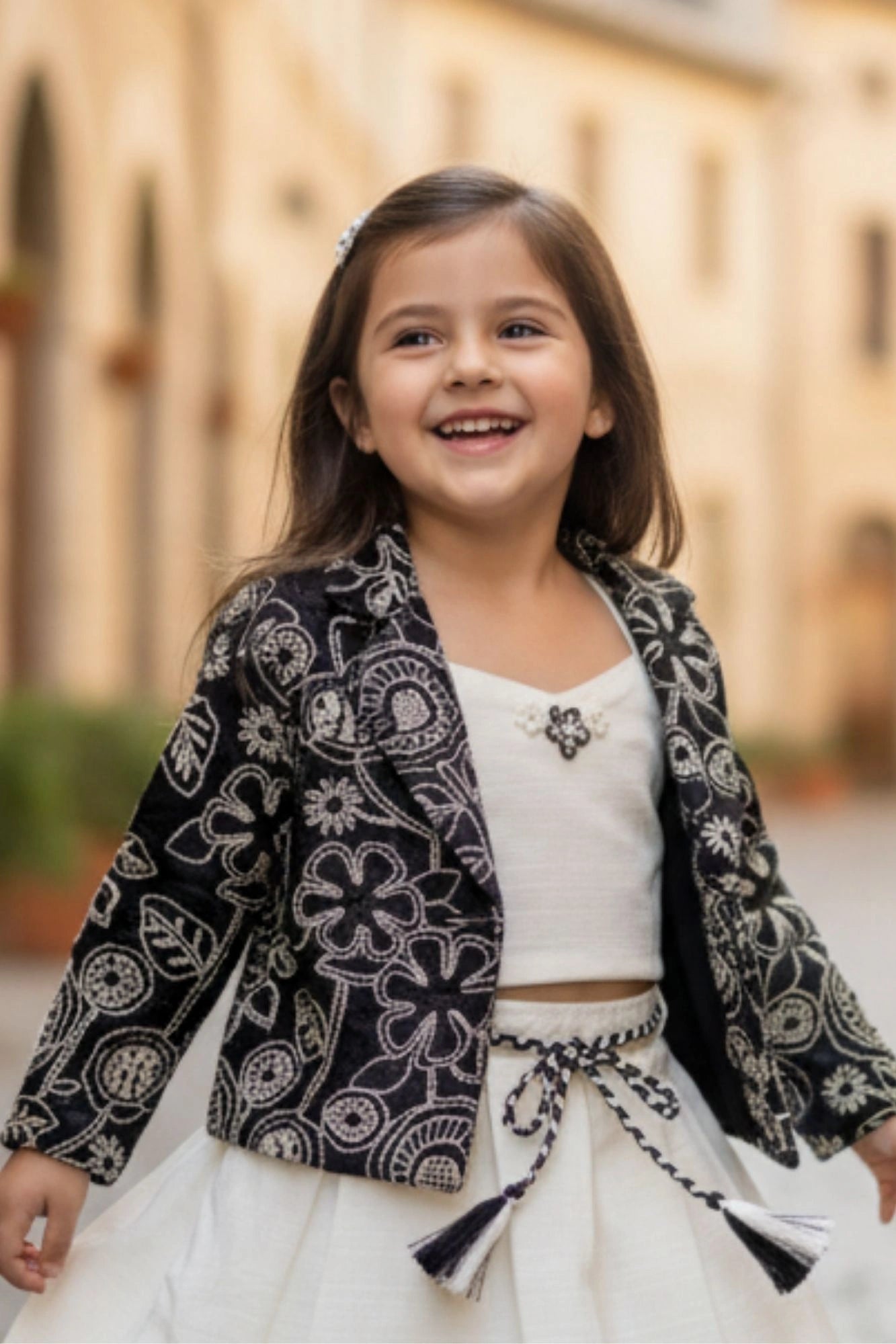 Cream Skirt Set with Black Embroidered Jacket For Girls