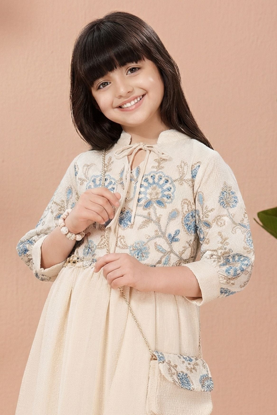 Beige Floral Embroidered Midi Dress with Sling Bag For Girls
