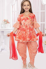 Orange Printed And Embroidered Top With Dhoti Bottom Set For Girls