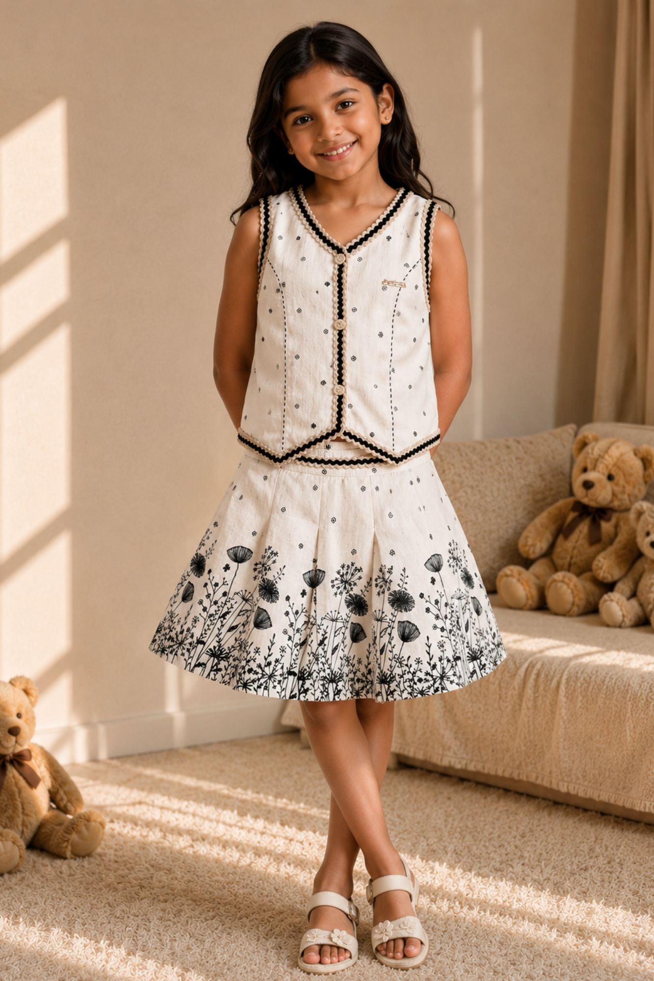 White And Black Printed Sleeveless Skirt Set for Girls