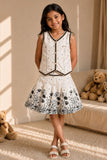 White And Black Printed Sleeveless Skirt Set for Girls