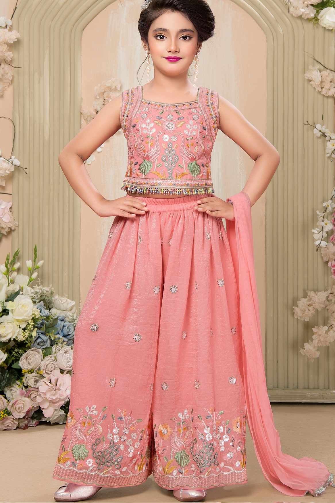 Peach Thread Embroidered Palazzo Set For Girls