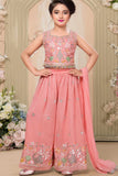 Peach Thread Embroidered Palazzo Set For Girls