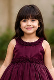 Wine Embellished Satin Party Wear Frock with Floral Appliqué Detailing For Girls