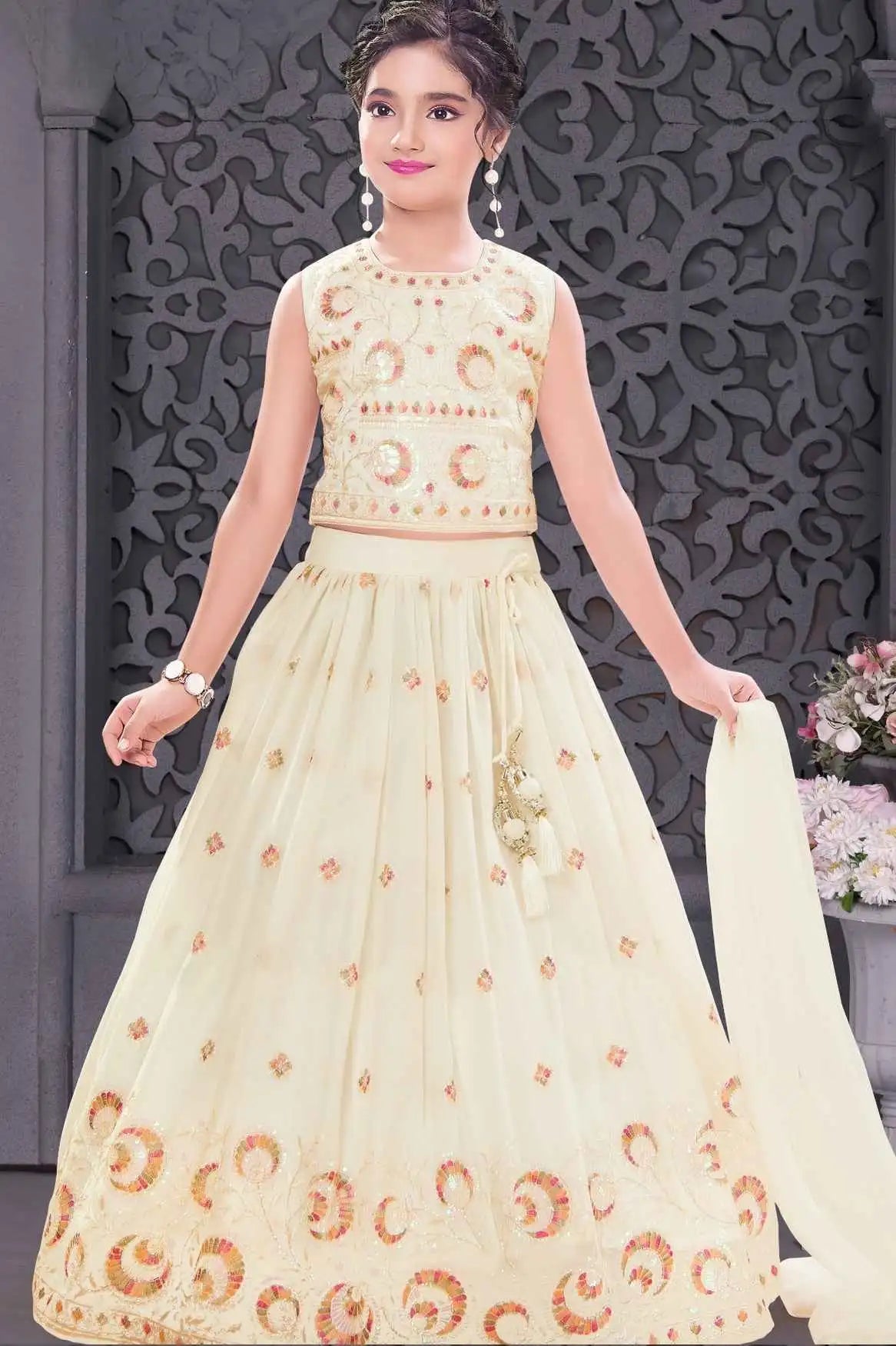 Cream Embroidered Lehenga Choli Set With Sequins Work And Dupatta For Girls