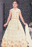 Cream Embroidered Lehenga Choli Set With Sequins Work And Dupatta For Girls