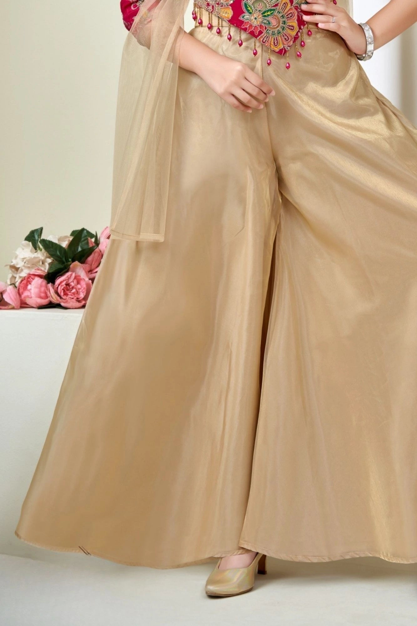 Pink Embroidered Top with Cream Palazzo Set For Girls