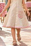 Beige Dress with Embroidered Yoke & Contrast Piping For Girls