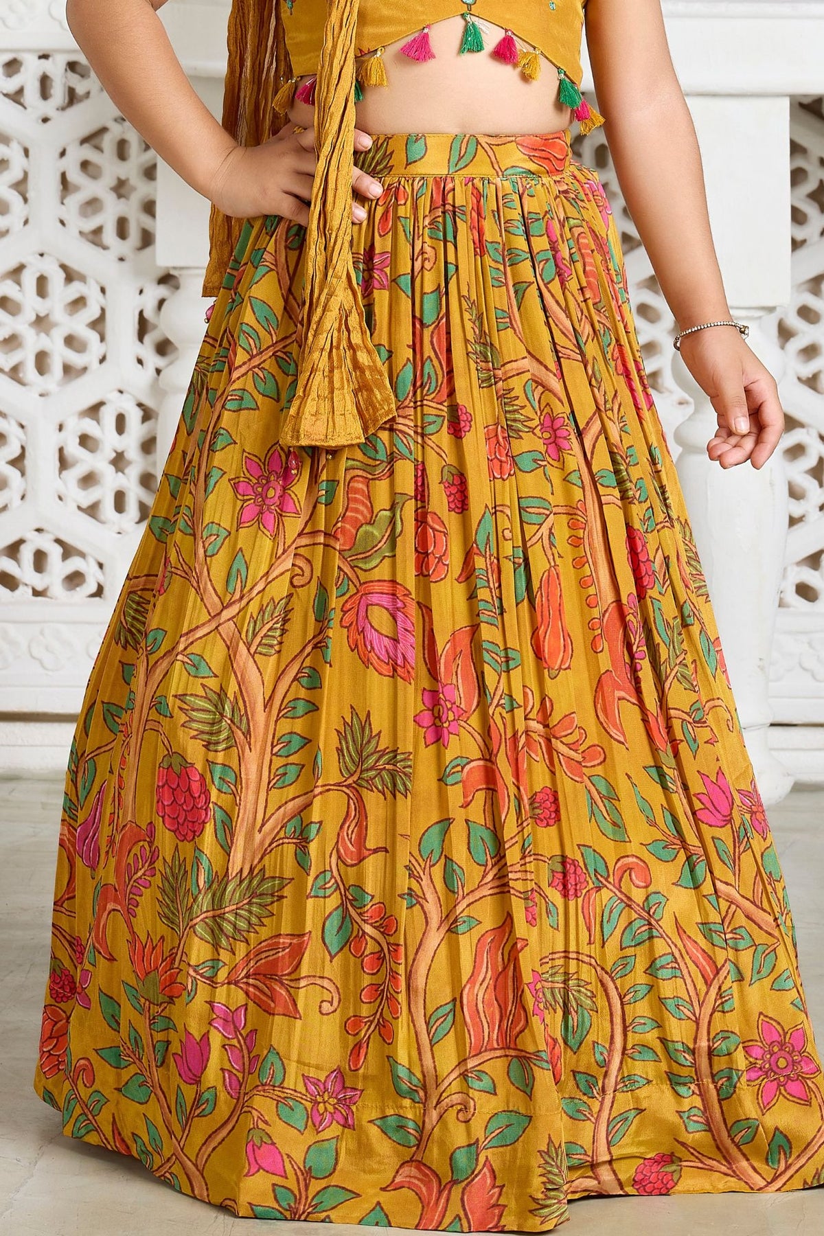 Girls Mustard Yellow Floral Printed Lehenga Choli With Dupatta