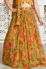 Girls Mustard Yellow Floral Printed Lehenga Choli With Dupatta