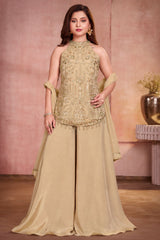 Girls Peach With Gold Elephant Motif Embellished Palazzo Set With Dupatta