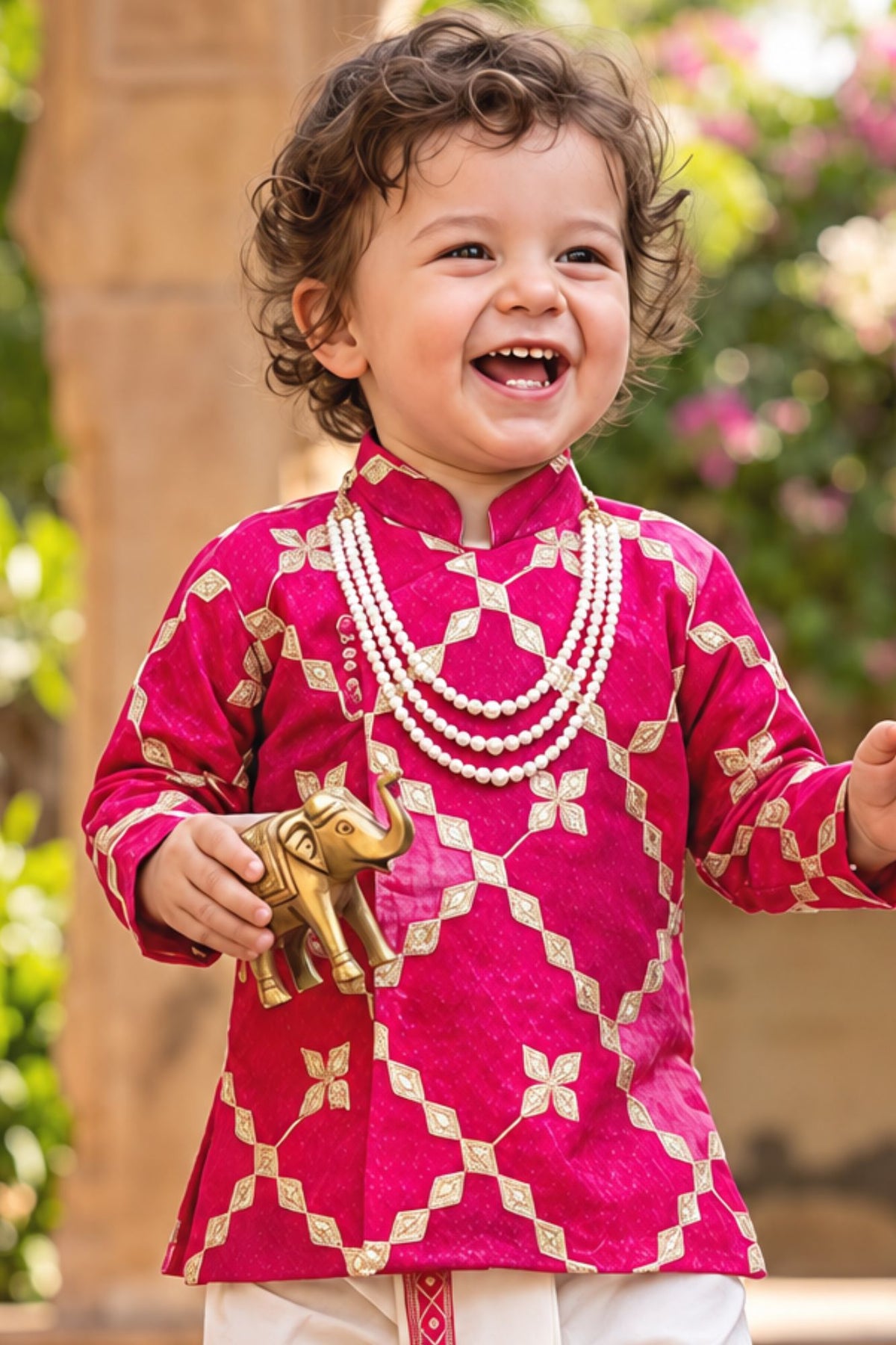 Boys Rani Pink With Gold Geometric Embroidered Kurta Dhoti Set