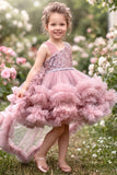 Girls Onion Pink Sequin Layered Ruffle Tailback Party Wear Frock
