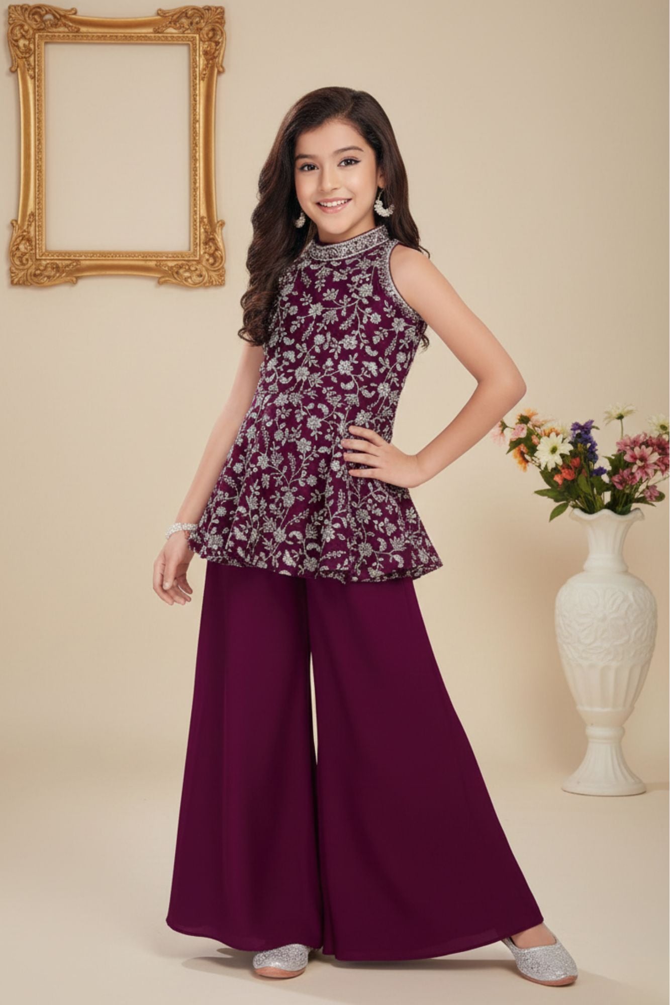 Wine Zari Embroidered Palazzo Set With Dupatta For Girls