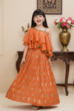 Orange One-Shoulder Ruffled Lehenga Set with Gold Foil Motifs For Girls