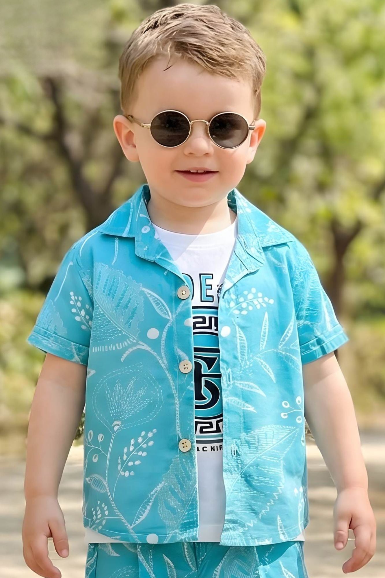 Boys Blue Shorts Set with Printed Shirt And Graphic T-Shirt