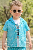 Boys Blue Shorts Set with Printed Shirt And Graphic T-Shirt