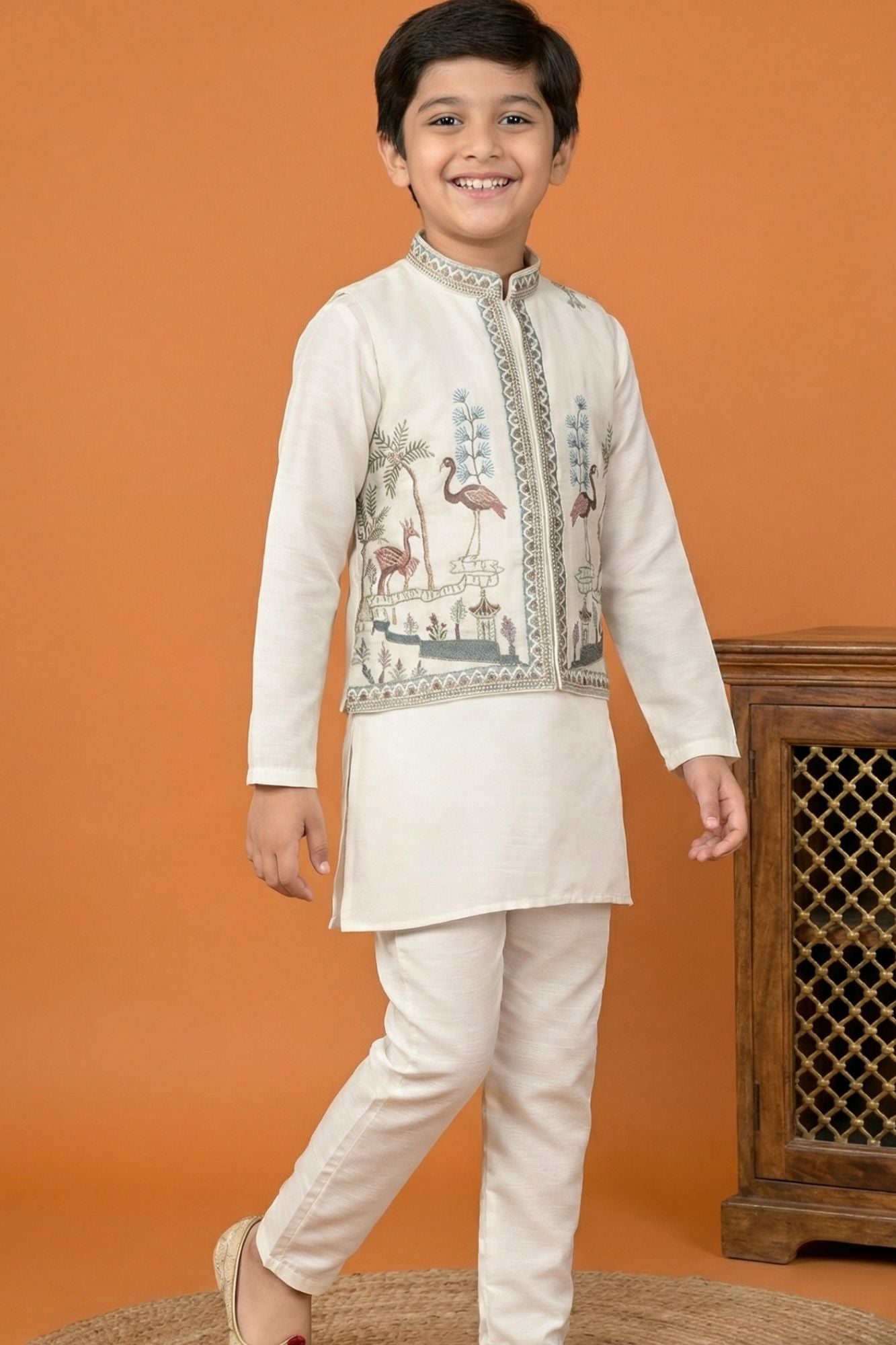 Cream Embroidered Kurta Set with Nehru Jacket For Boys