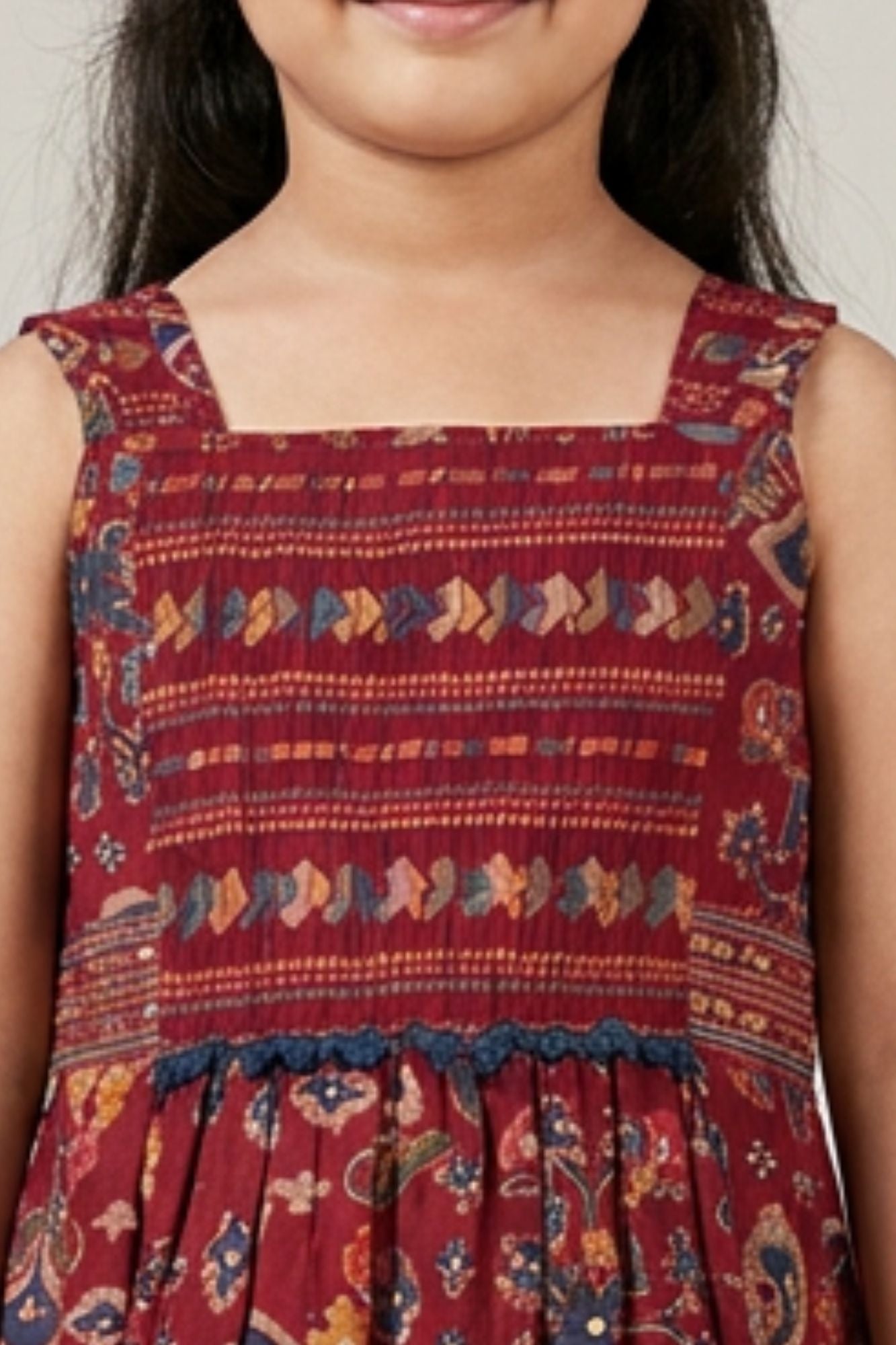 Girls Maroon Ethnic Printed Dress With Tiered Hem
