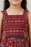Girls Maroon Ethnic Printed Dress With Tiered Hem