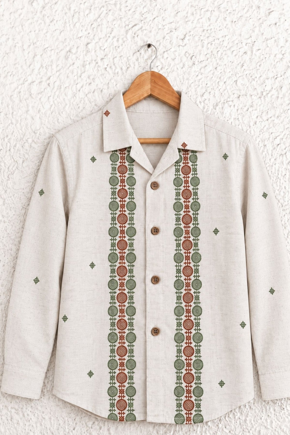Boys Beige Geometric Embroidered Shirt