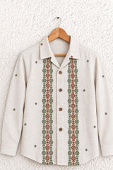 Boys Beige Geometric Embroidered Shirt