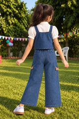 Girls Dark Blue Denim 3 Piece Co-Ord Set With Decorative Bow