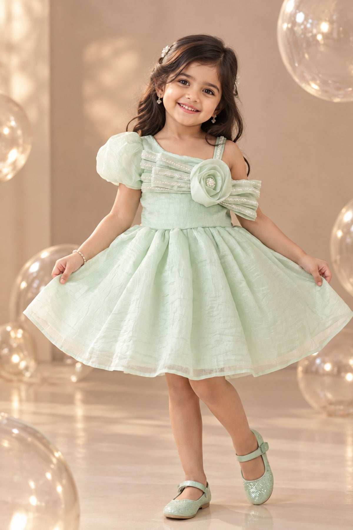Pista Green One-Shoulder Party Frock with 3D Floral Bow For Girls